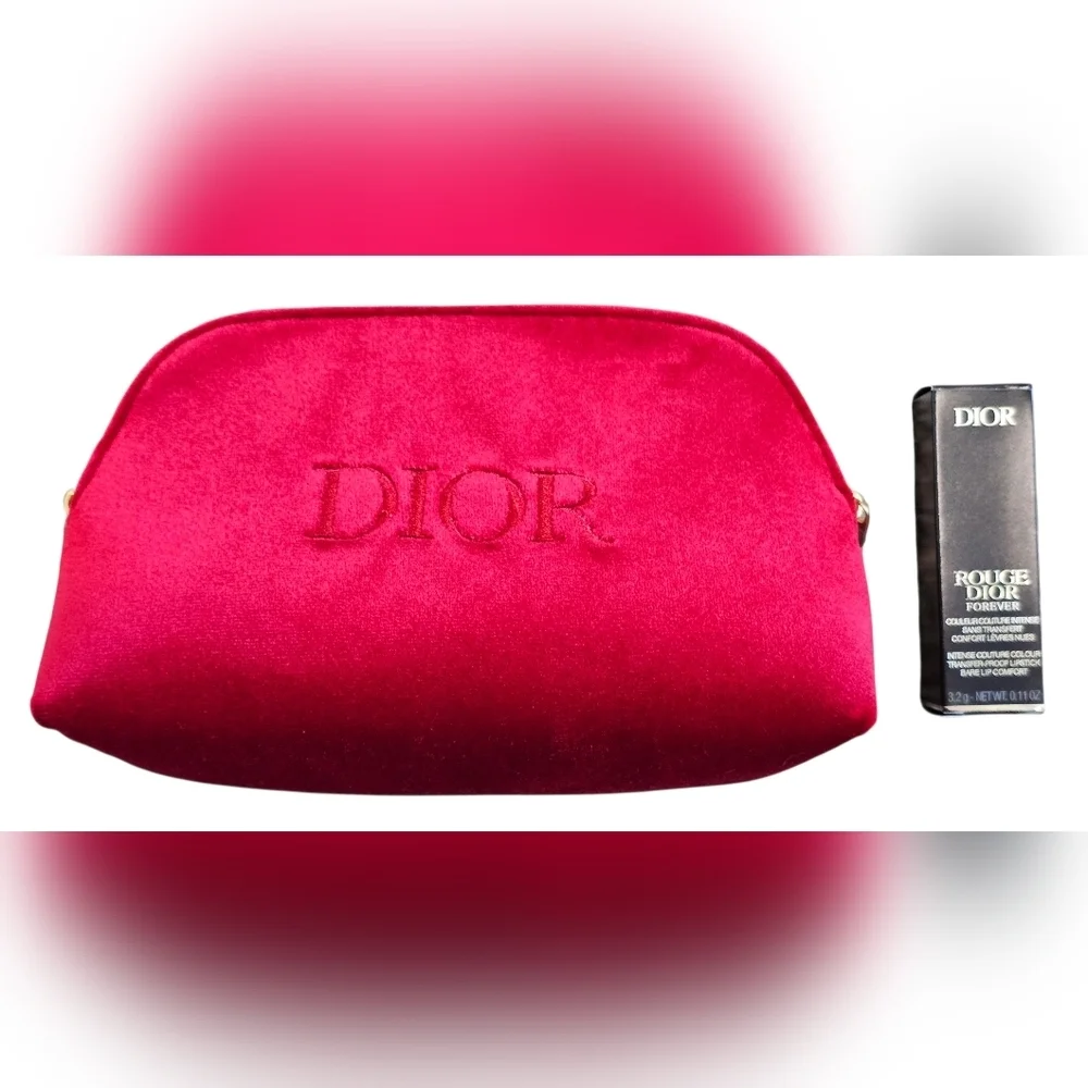 Christian Dior Red Velvet Pouch with Logo and Rouge Dior Lipstick #558. New!